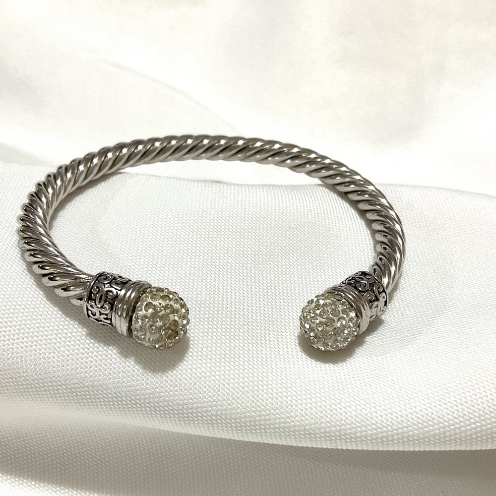 Silver Tone Twisted Metal & Pave Rhinestone Cuff Bracelet